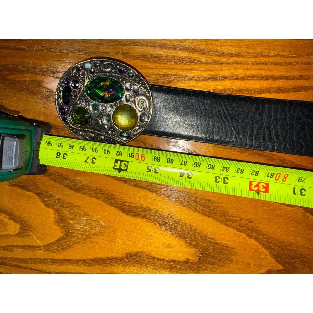 Chicos‎ Black Genuine Leather Belt with Ornate Gemstone Buckle Size SM